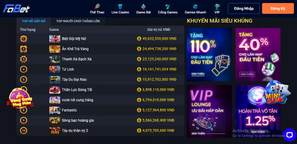 Giao diện ứng dụng FK22 với các trò chơi cá cược thể thao, casino và bắn cá